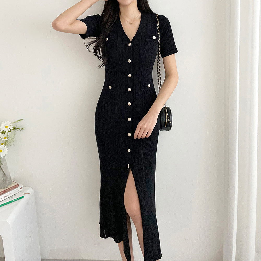 Slim V-Neck Knitted Summer Dress