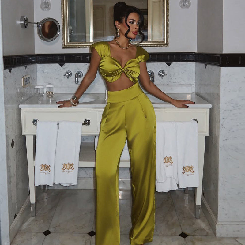 Sexy Off-Shoulder Crop Top & High-Waisted Trousers Two-Piece Set