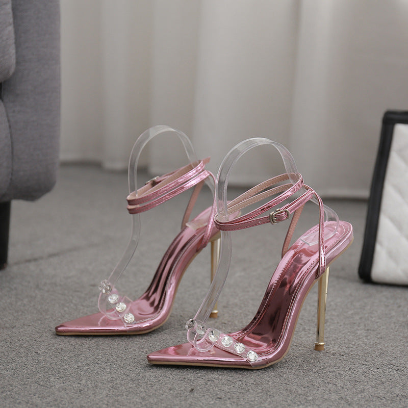 Metal plated heel pointed toe transparent shoe