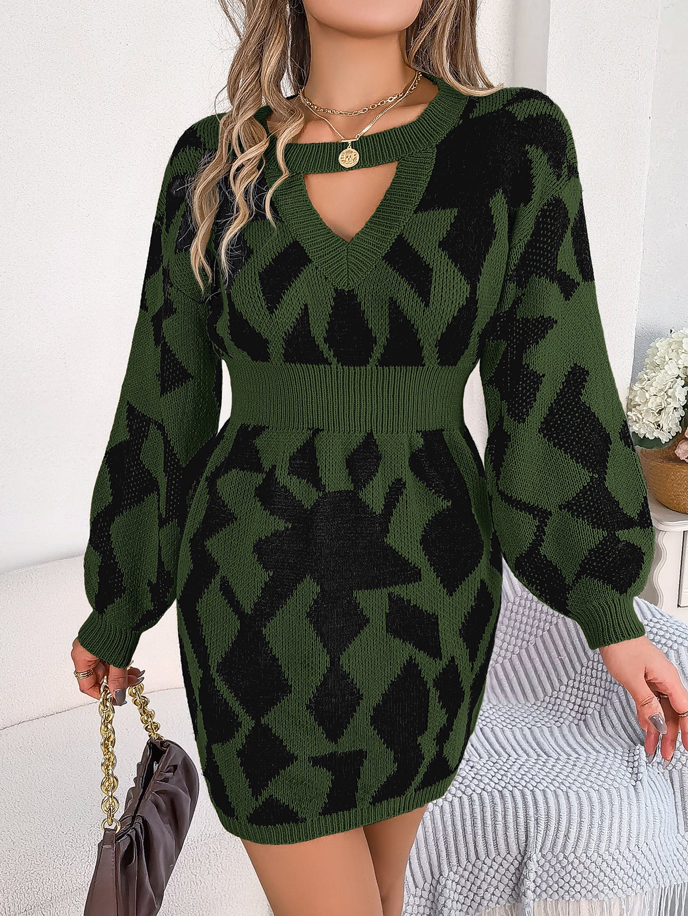 Color-Blocked Balloon Sleeve Sweater Dress