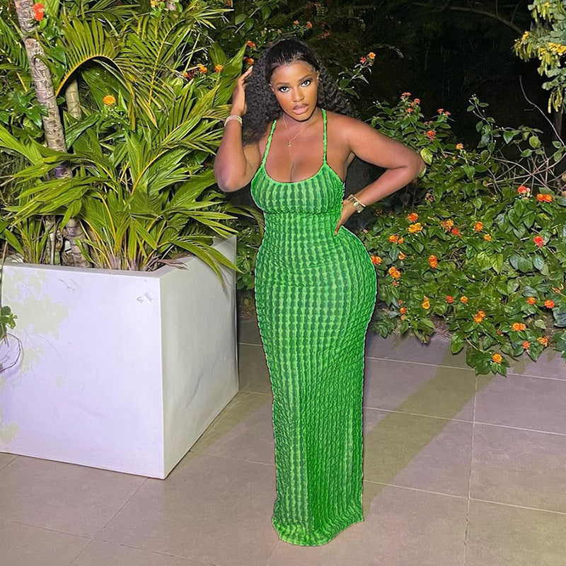 New suspender backless popcorn dress