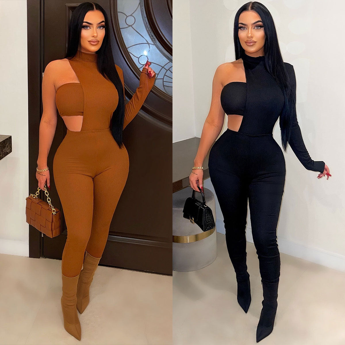 Sexy off-shoulder tight jumpsuit irregular one-piece chest wrap suit