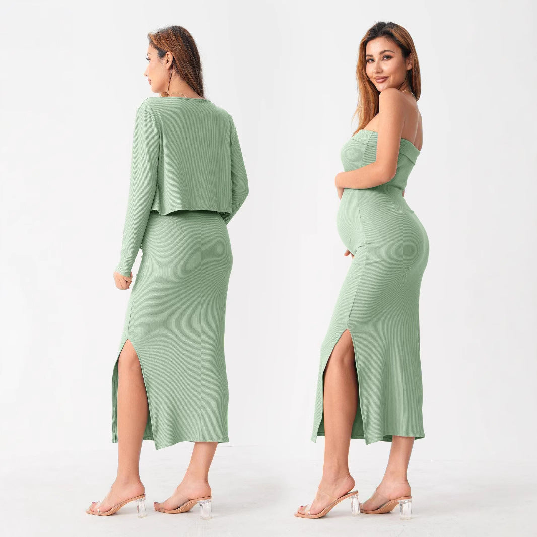 Maternity Knit Two-Piece Set - Long Sleeve Cardigan & Wrap Dress for Summer Comfort