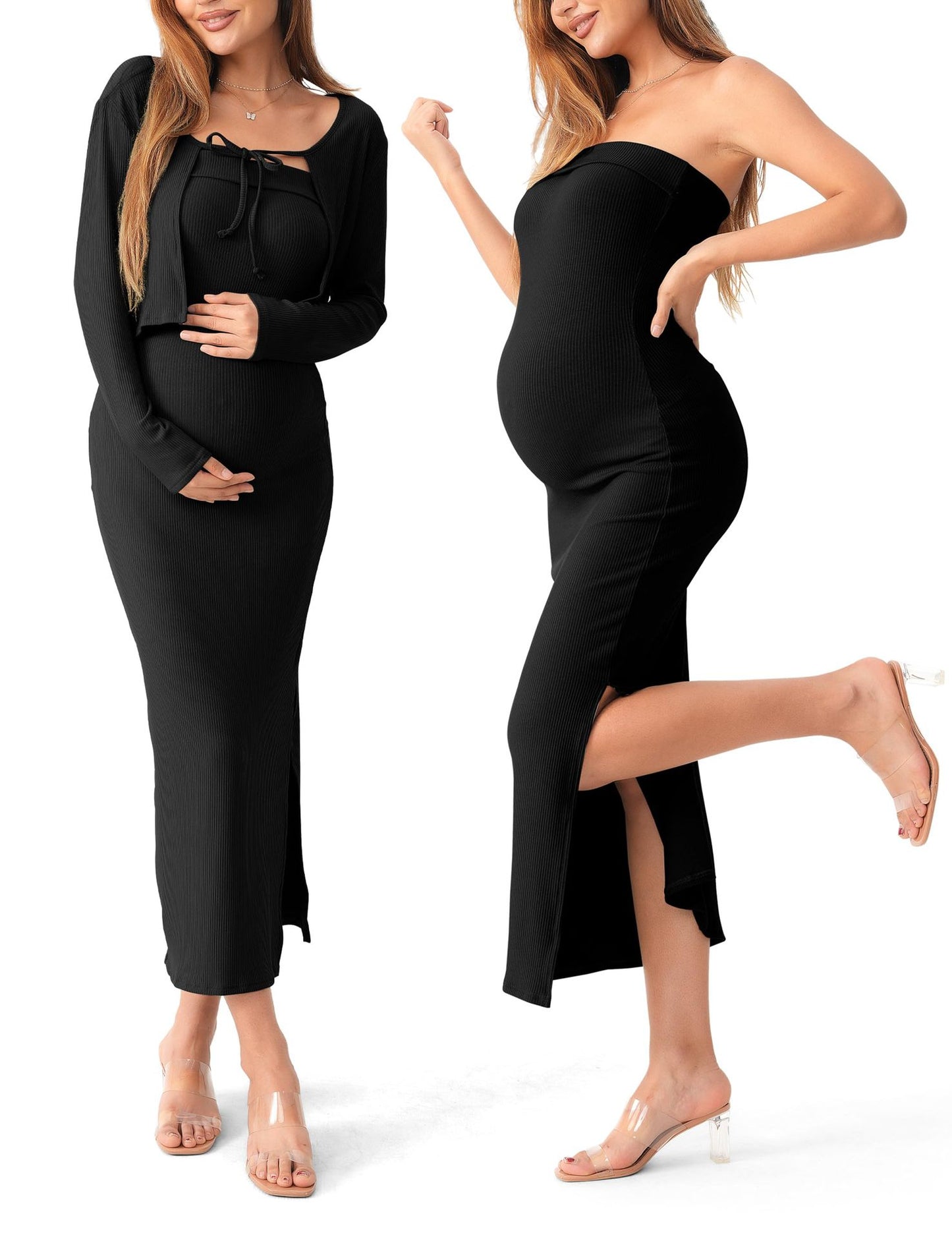 Maternity Knit Two-Piece Set - Long Sleeve Cardigan & Wrap Dress for Summer Comfort
