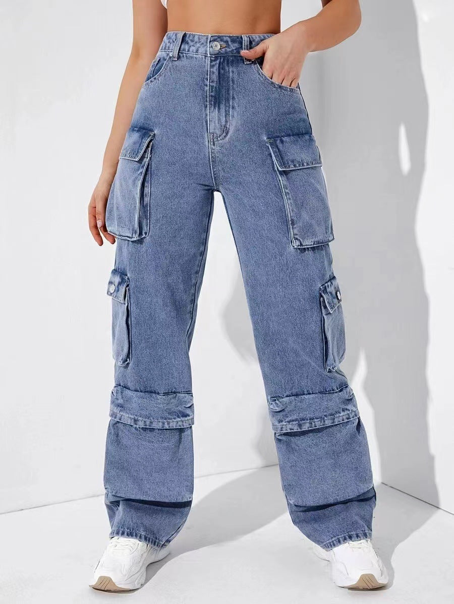 New Zipper Multi-Pocket High Waist Straight Cargo Pants