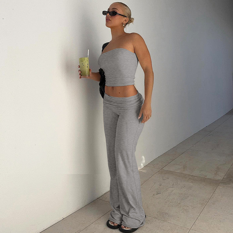 Solid Color Bandeau Top Bell Pants women's Slim Suit