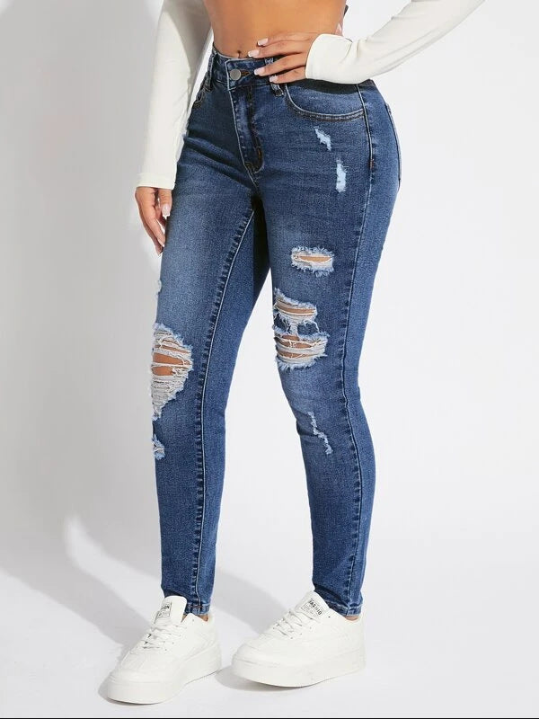 Skinny trend ripped casual fashion small feet jeans