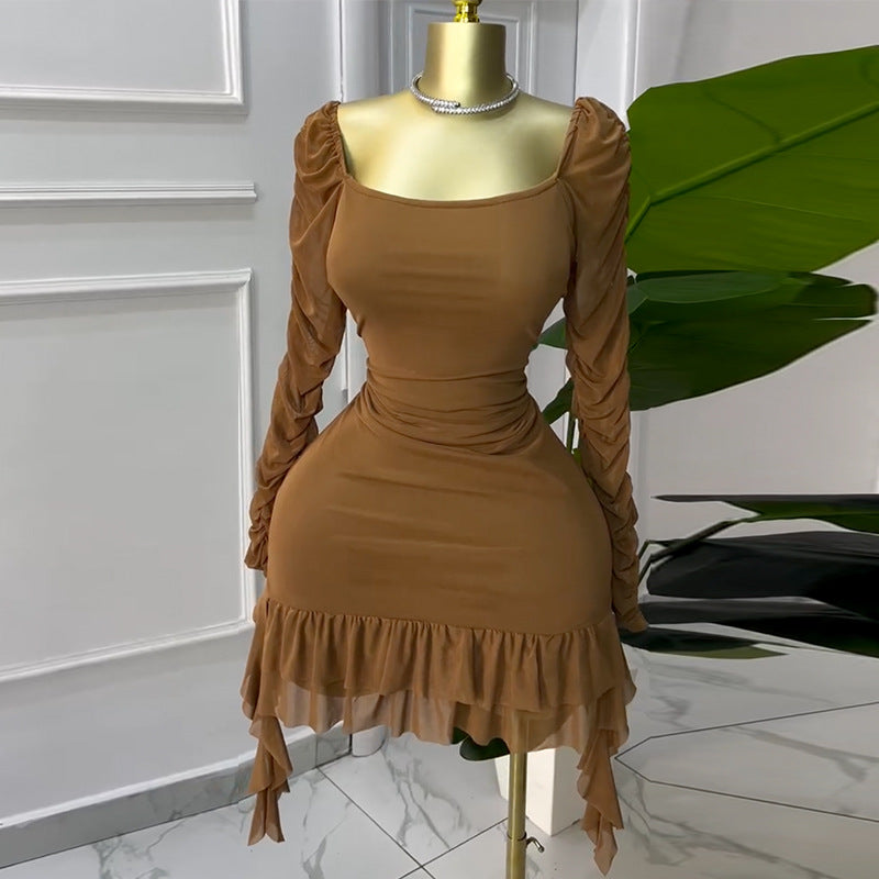 Sweet Square Neck Ruffle Hem Dress