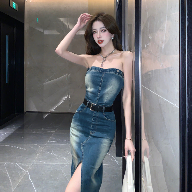 Sexy One-Shoulder Denim Bandeau Dress Slim & Chic Summer Look