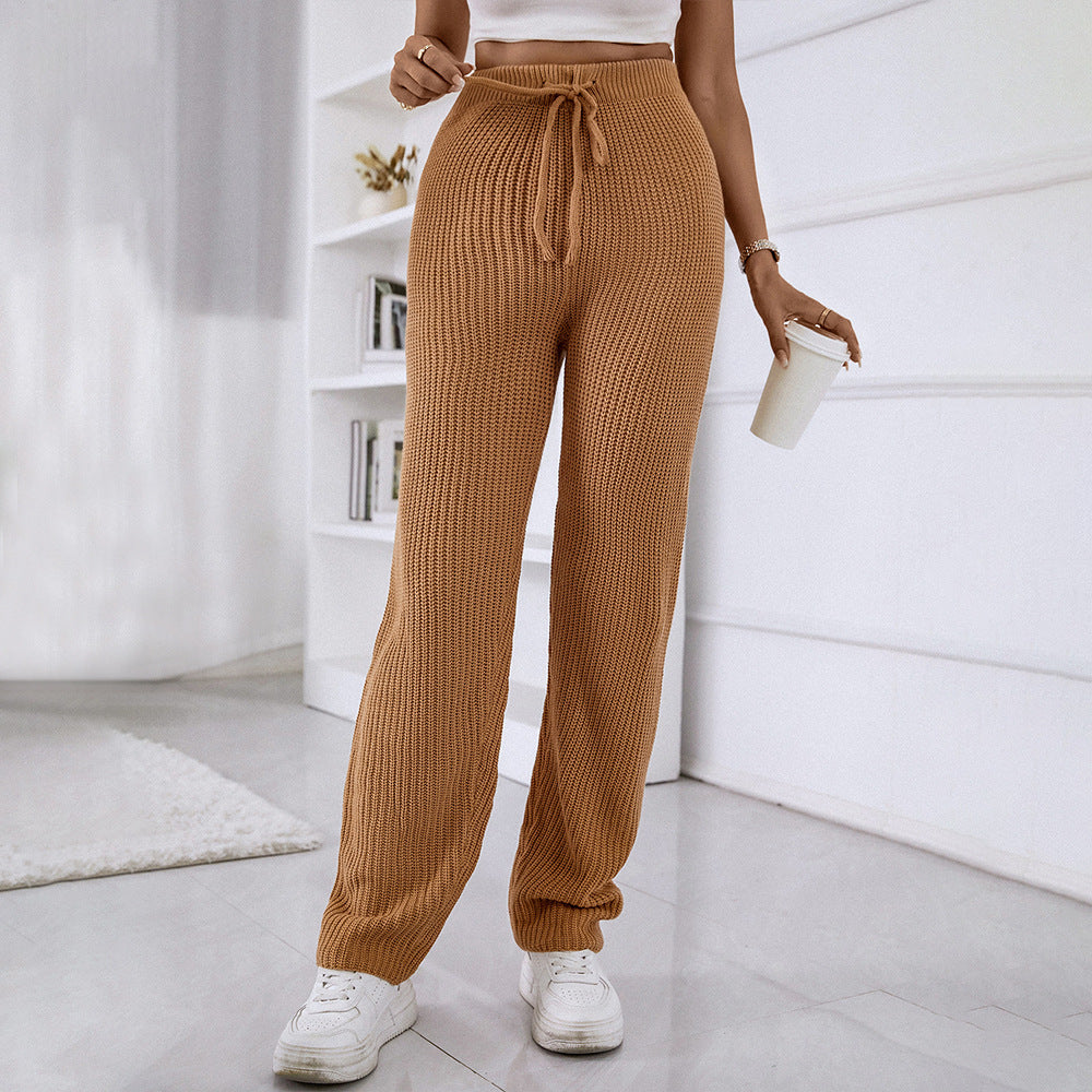 Casual home high-waisted slim solid color stretch wool trousers