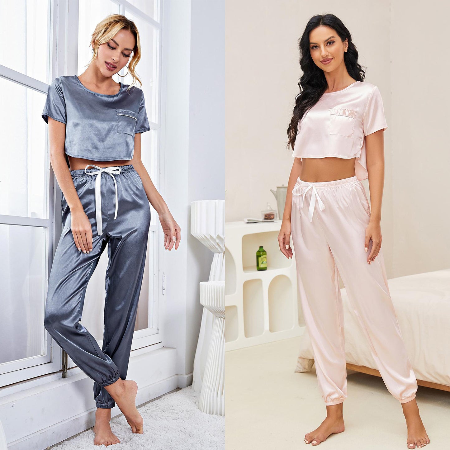 Women's spring and autumn imitation silk short tops