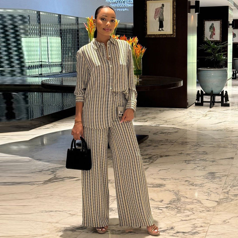 Printed Long Sleeve Shirt & Wide-Leg Trousers Set