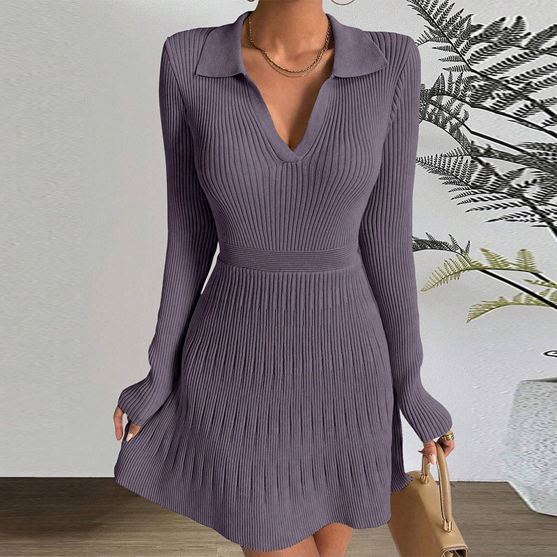 Slim Fit Polo Collar Knitted Short Dress