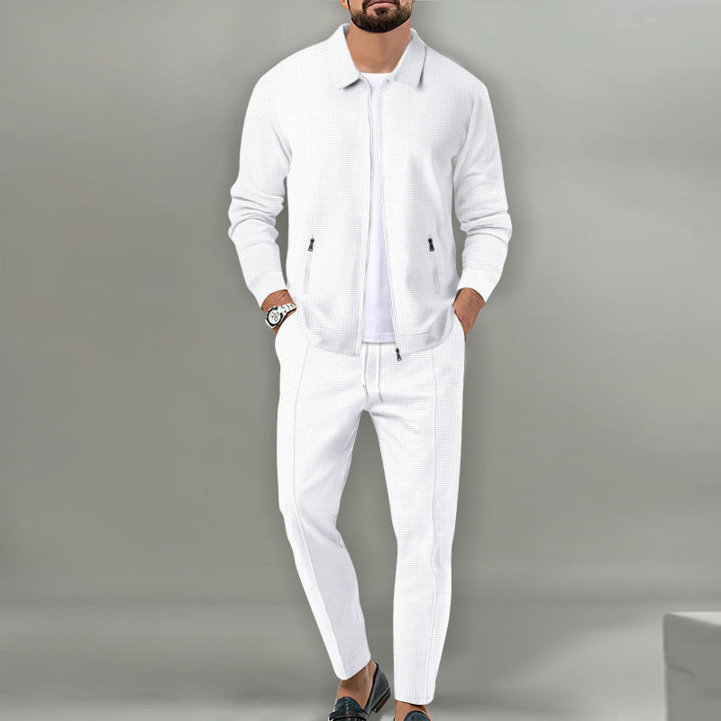 Men's Fall Waffle Knit Slim Cardigan Jacket Set