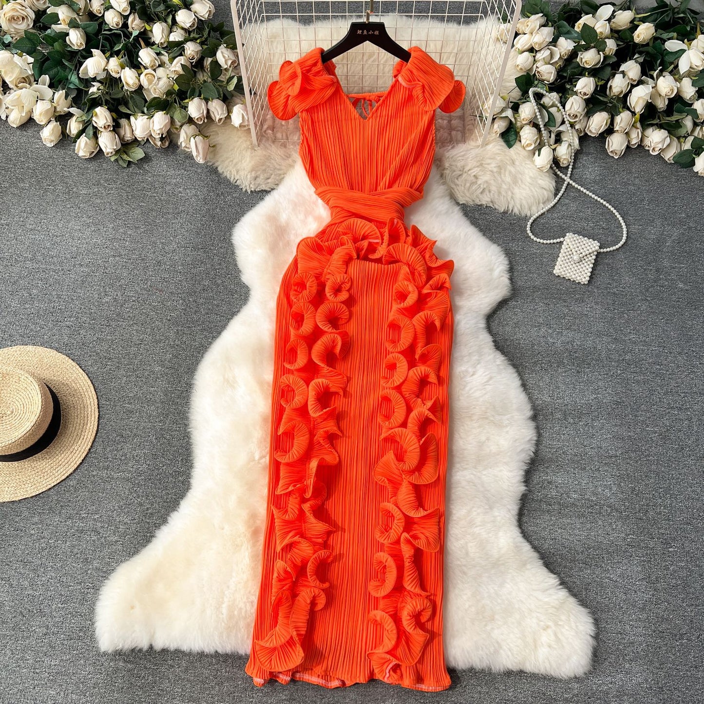 Elegant High-End Pleated Ruffle Evening Dress