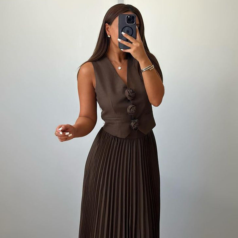 Womens Summer Sleeveless Vest & Pleated Skirt Two-Piece Set