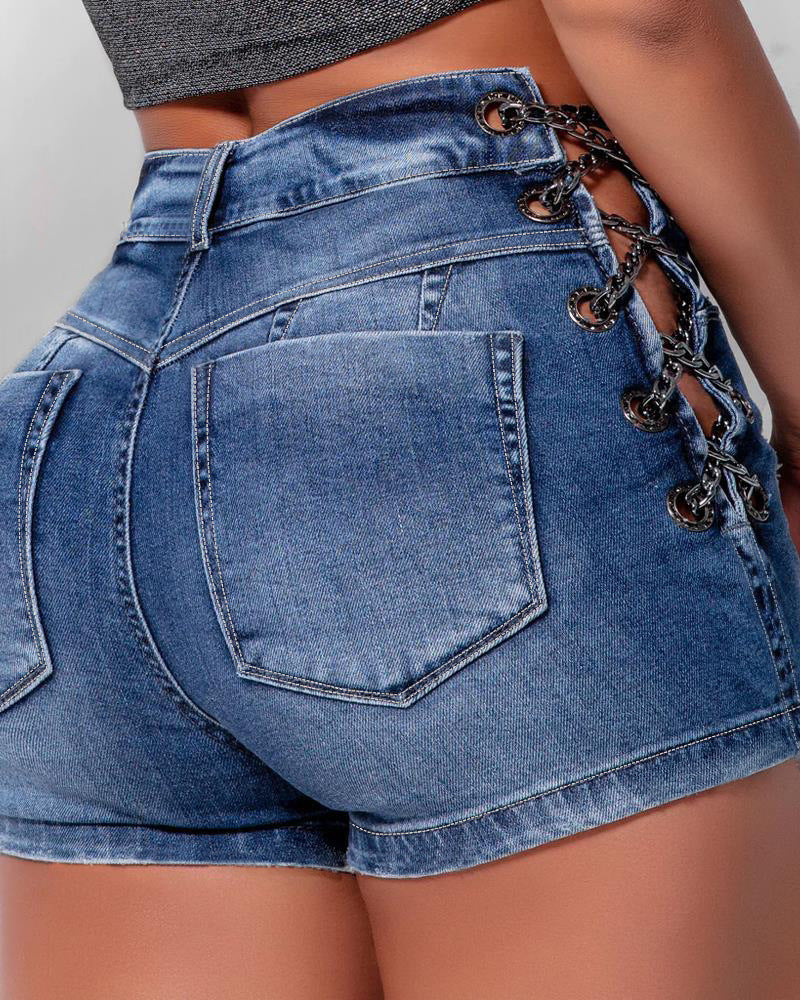 Chain denim shorts