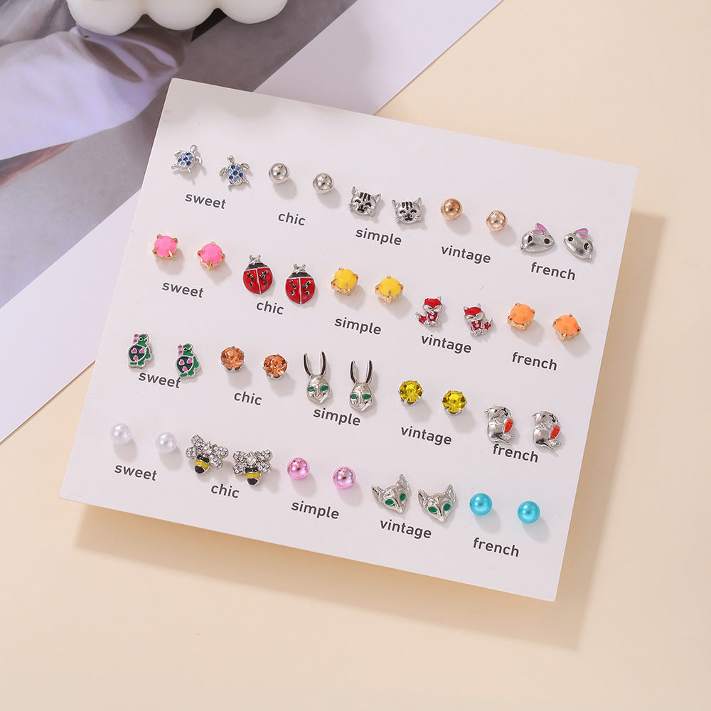 Mini Cute Colorful Diamond Animal Stud Earrings Set - Cartoon Butterfly, Flower, Cactus Designs