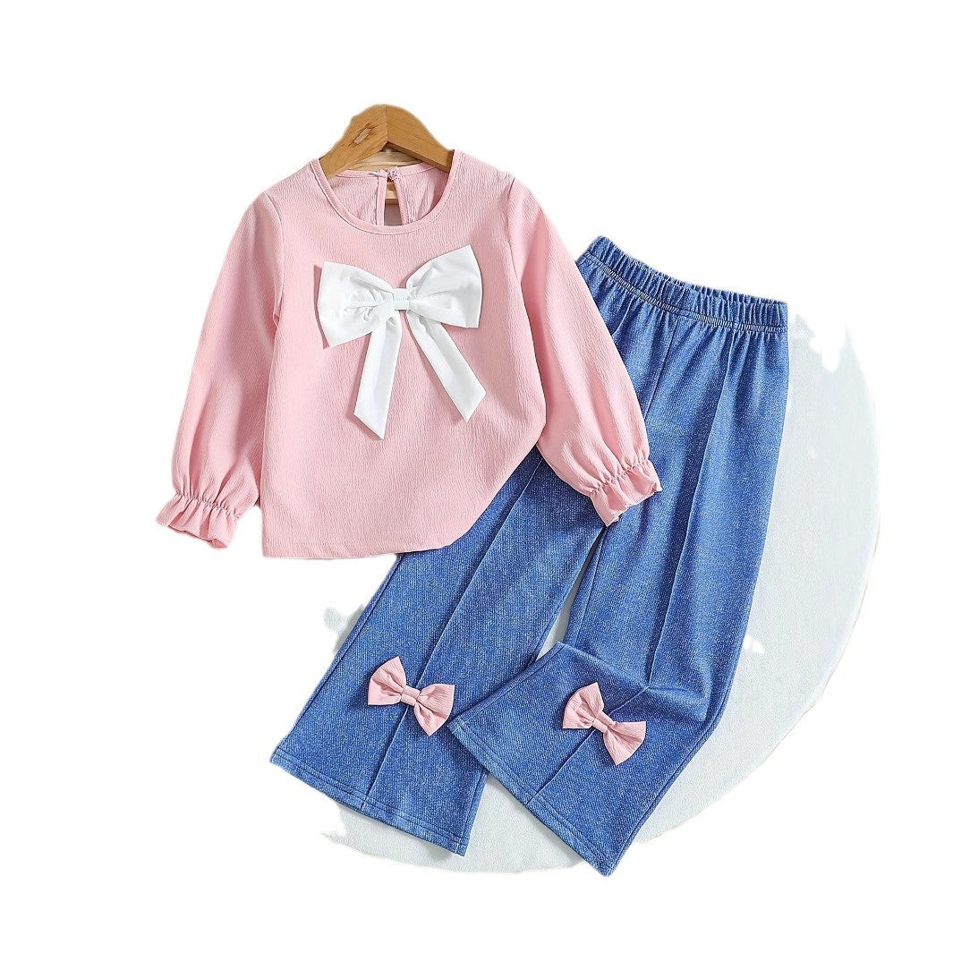 Girls' Pink Bow Top & Denim Two-Piece Set