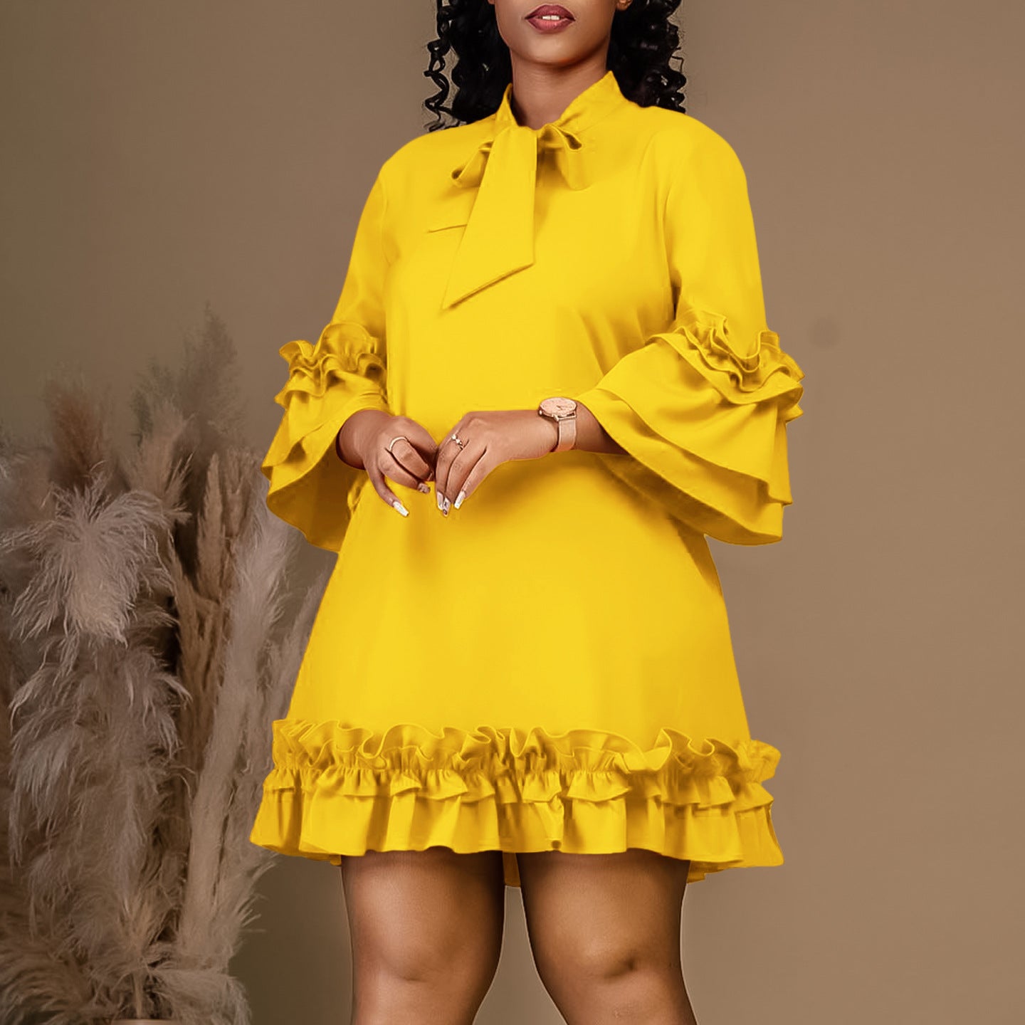 Solid Color Temperament Pile Sleeve Lace Ruffle Dress