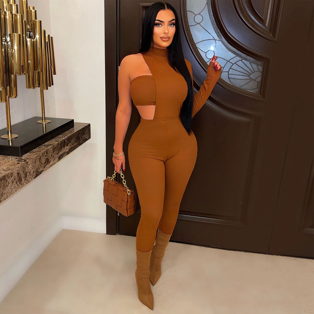 Sexy off-shoulder tight jumpsuit irregular one-piece chest wrap suit