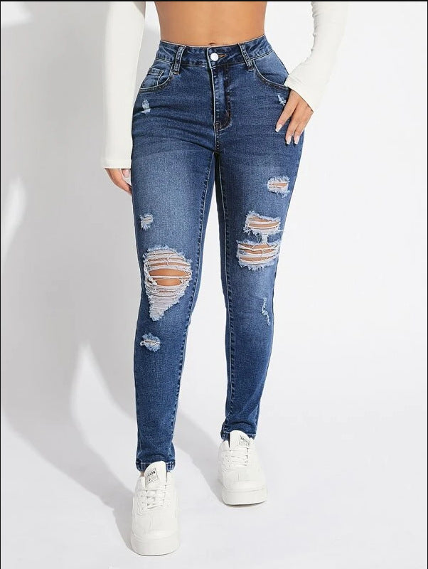 Skinny trend ripped casual fashion small feet jeans