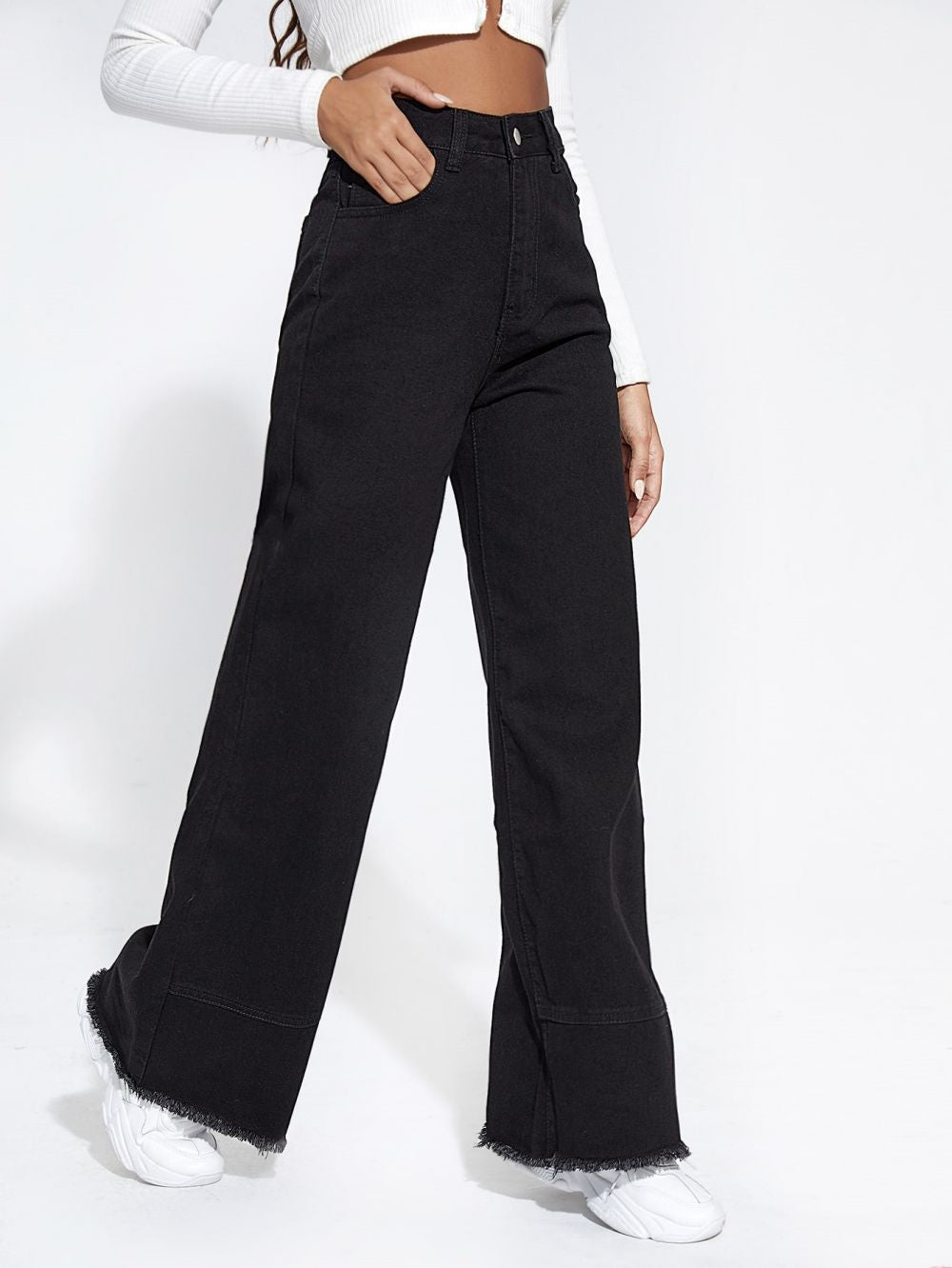 Wide-leg High Waist Stitched Raw Loose Pants