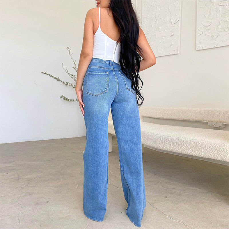 Long high-waisted ripped raw edges comfortable wide-leg pants