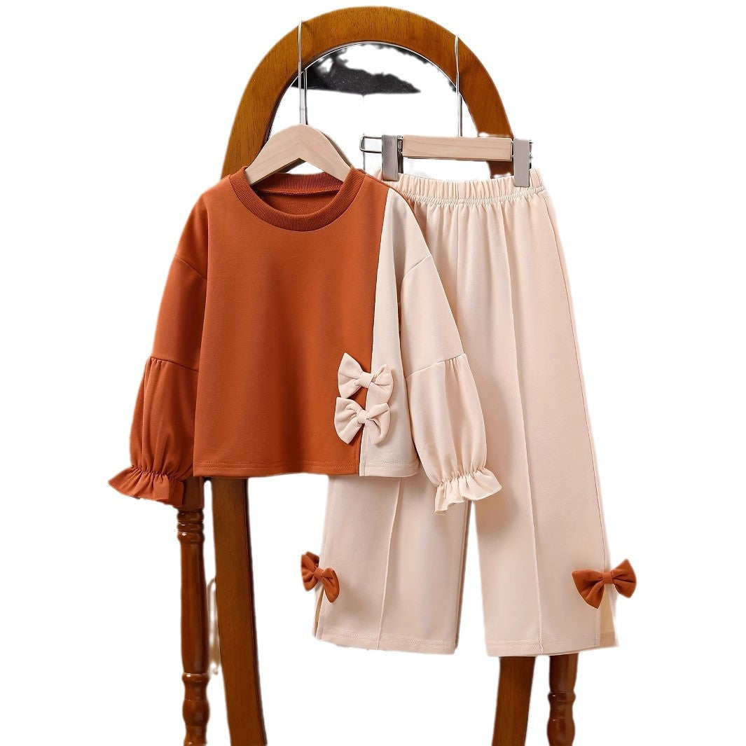 Girls' Contrast-Color Sweatshirt & Wide-Leg Pants Set