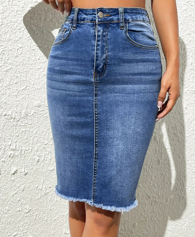 Stretch high-waisted frayed hip skirt
