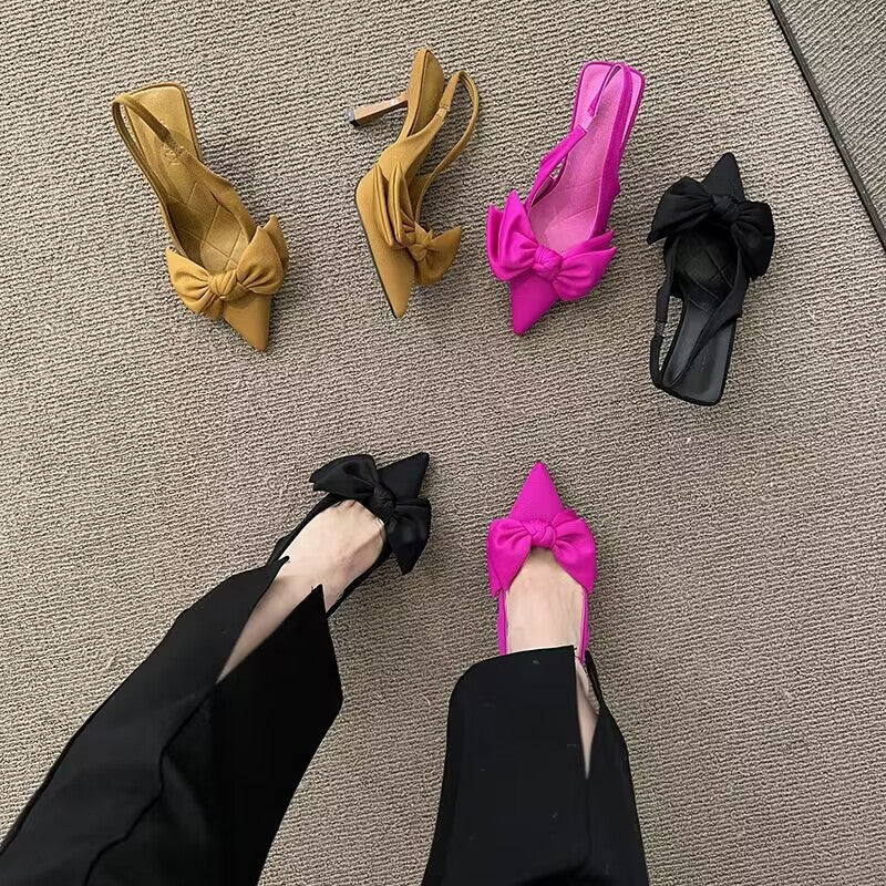 French High Heels Niche Baotou Bow Sandals: Fairy Stiletto Pointed Toe Shoes