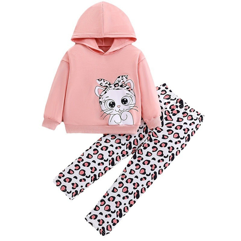 Pink Cat-Print Hoodie Set