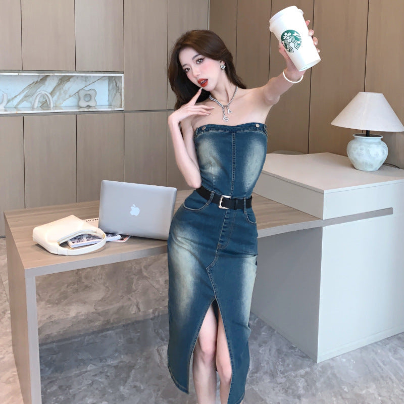 Sexy One-Shoulder Denim Bandeau Dress Slim & Chic Summer Look