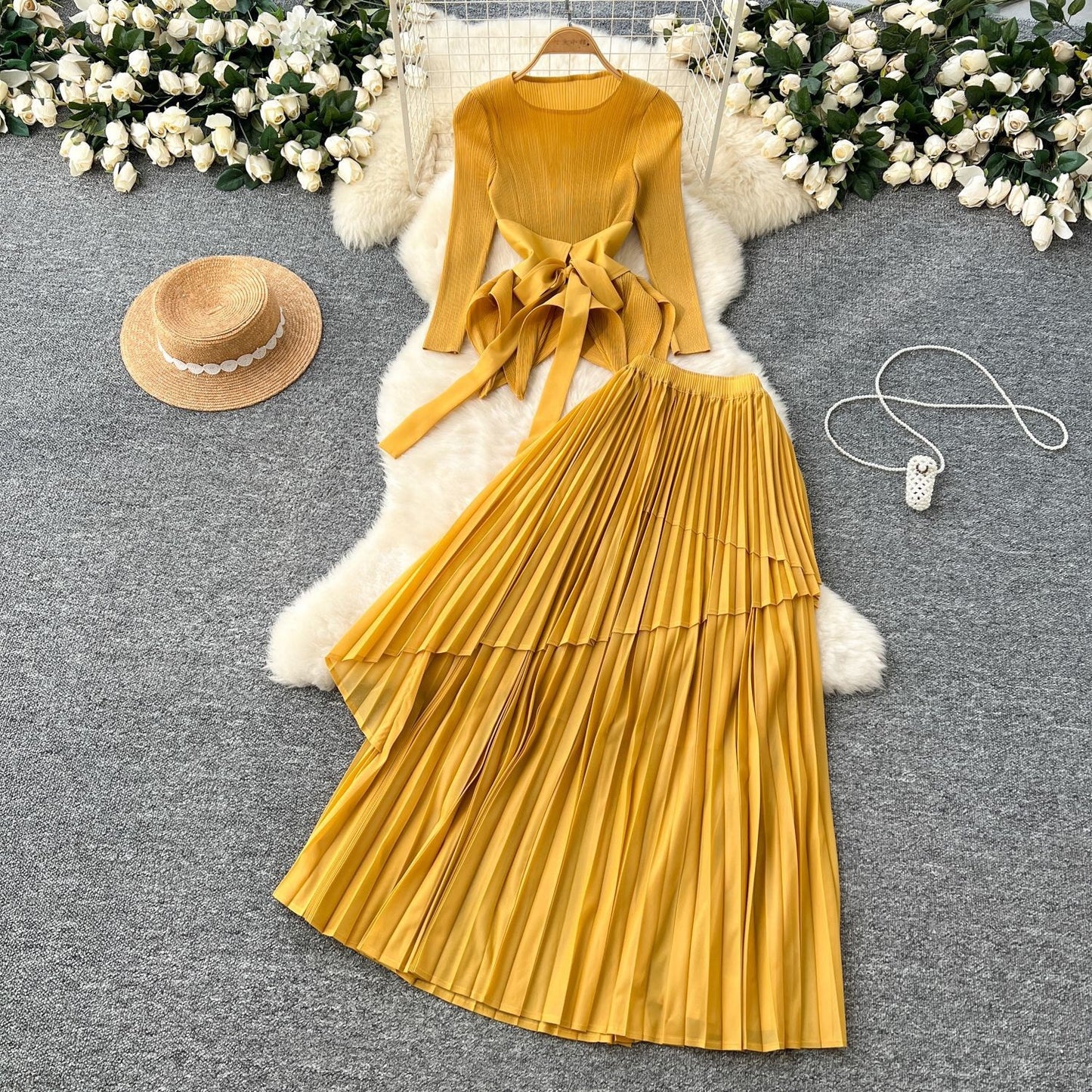 Chic Pleated Two-Piece Set with Tie Waist