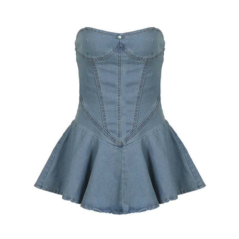 Women's wrap chest, sleeveless, open back, split stitching, tight body, denim dress