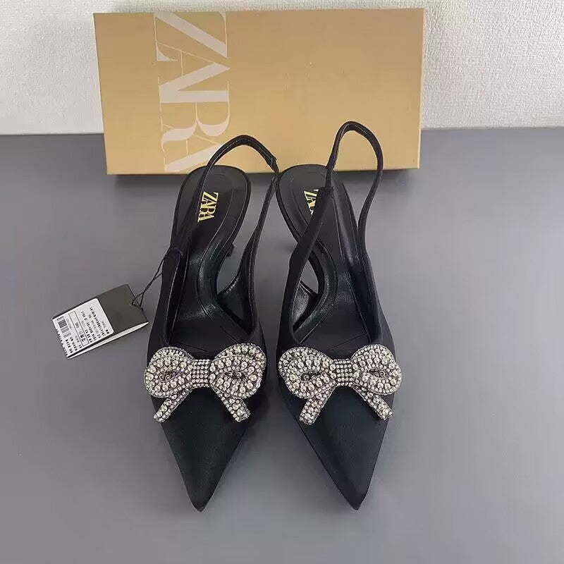 New sandals women's high heels pointed toe back with bow rhinestone chain bright accent stiletto shallow
