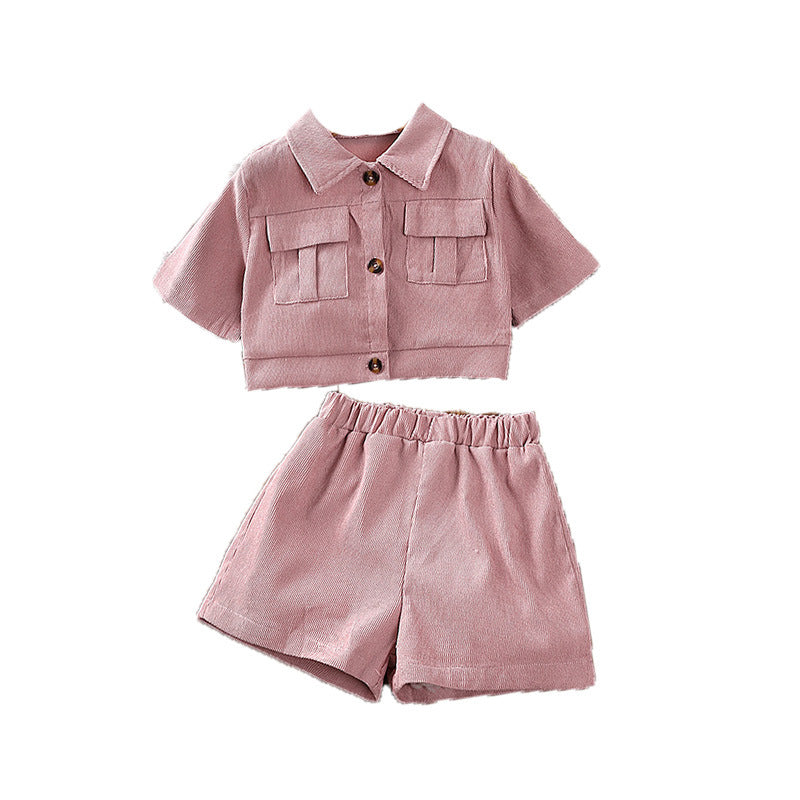 Girls' Stylish Summer Outfit - Short-Sleeve Shirt & Shorts Two-Piece Set
