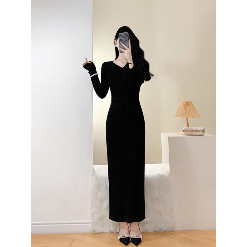 V-Neck Knitted Sweater Dress