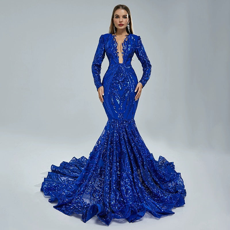 Sexy V-neck catwalk hip wrap, long sleeved evening dress