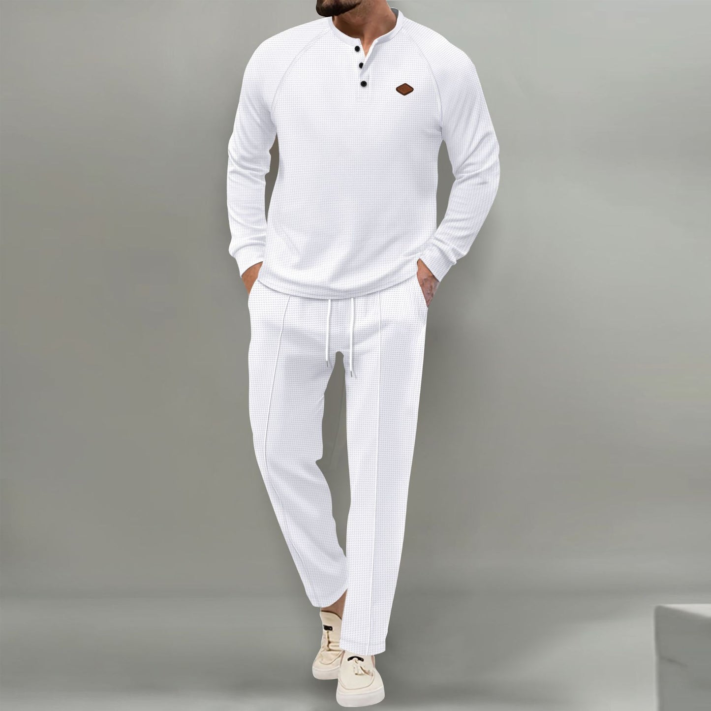 Men's Solid Color Waffle Henley Suit Set
