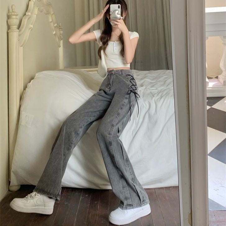 lace-up summer high waist loose wide leg jeans pants (On Hand)
