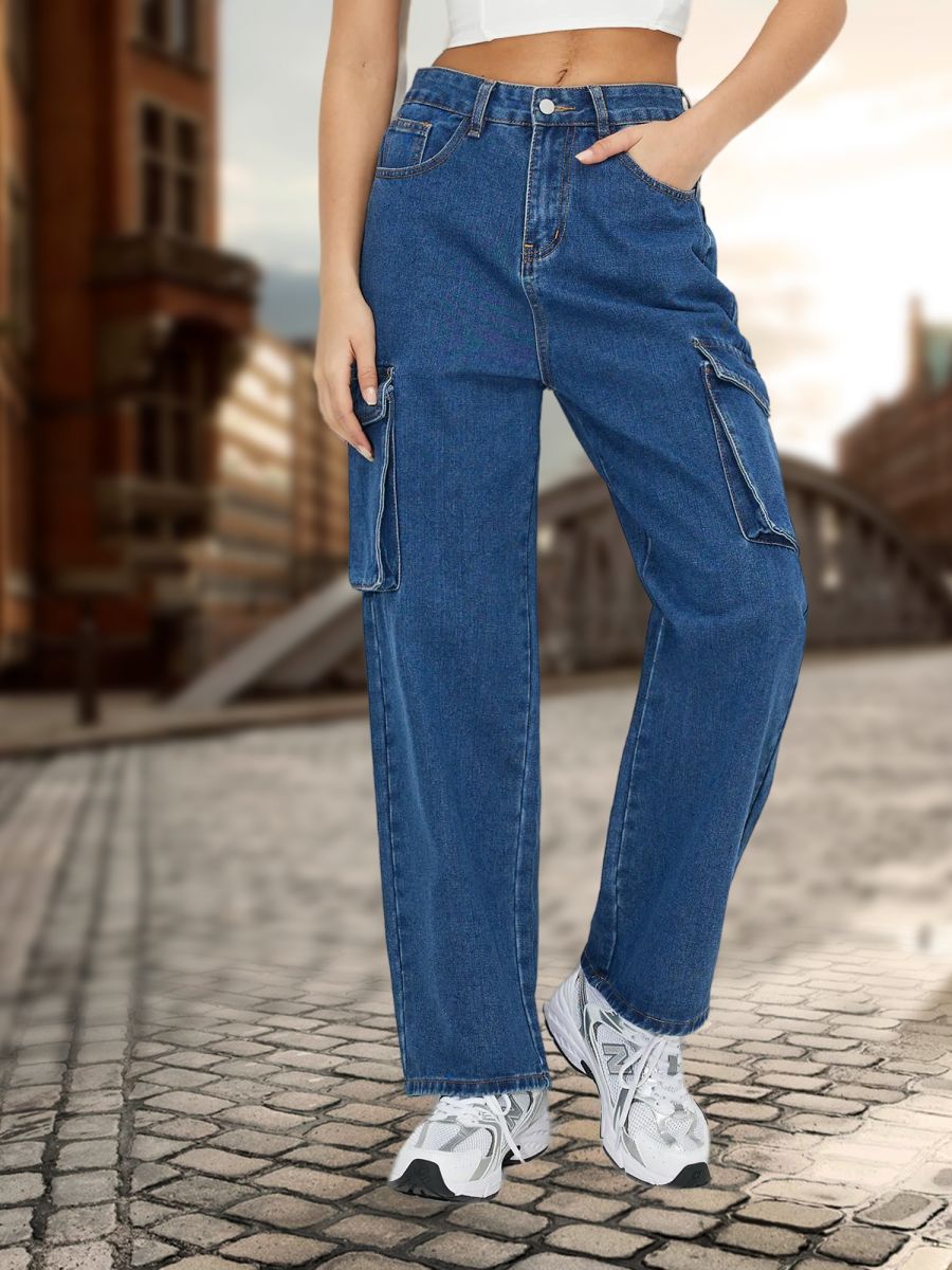 Blue wash high waist straight pants