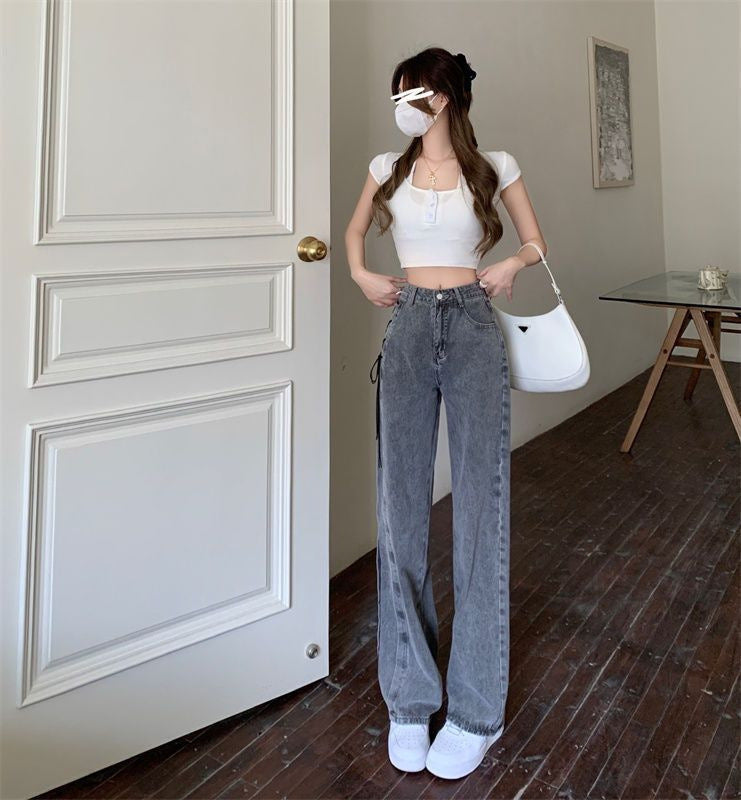 lace-up summer high waist loose wide leg jeans pants (On Hand)
