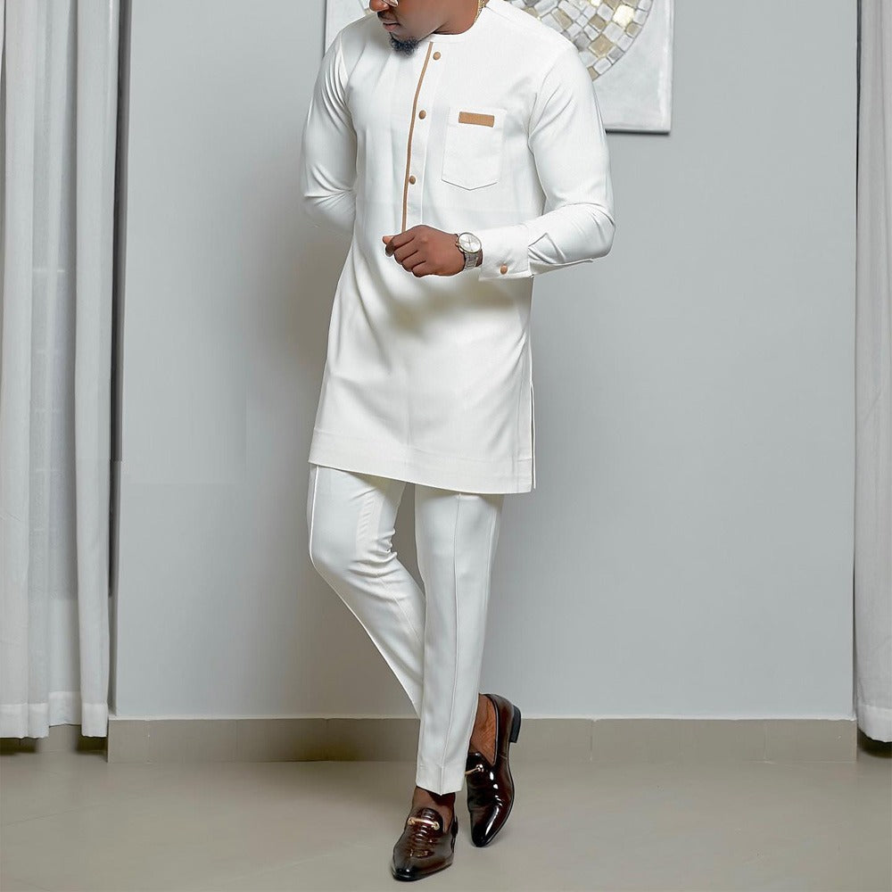 Men's 2-Piece African Ethnic Style Wedding Suit – Festive Solid Color Set