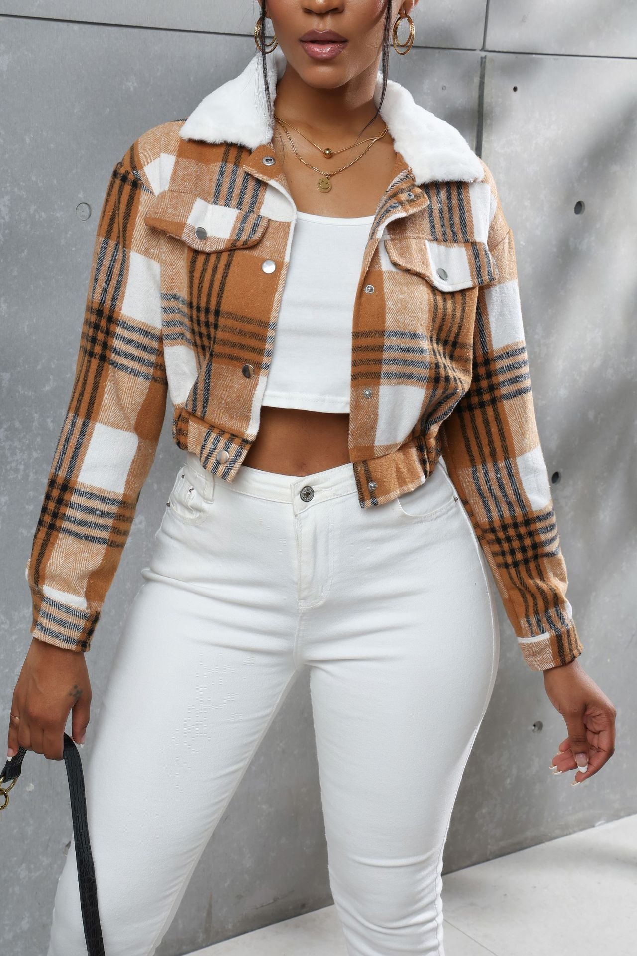 Plaid long sleeve cropped top