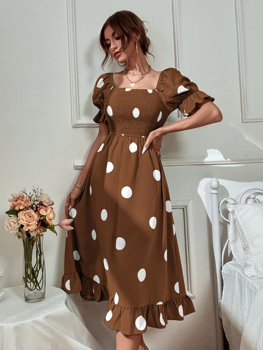 Independent station polka dot print puff sleeve frilled dress