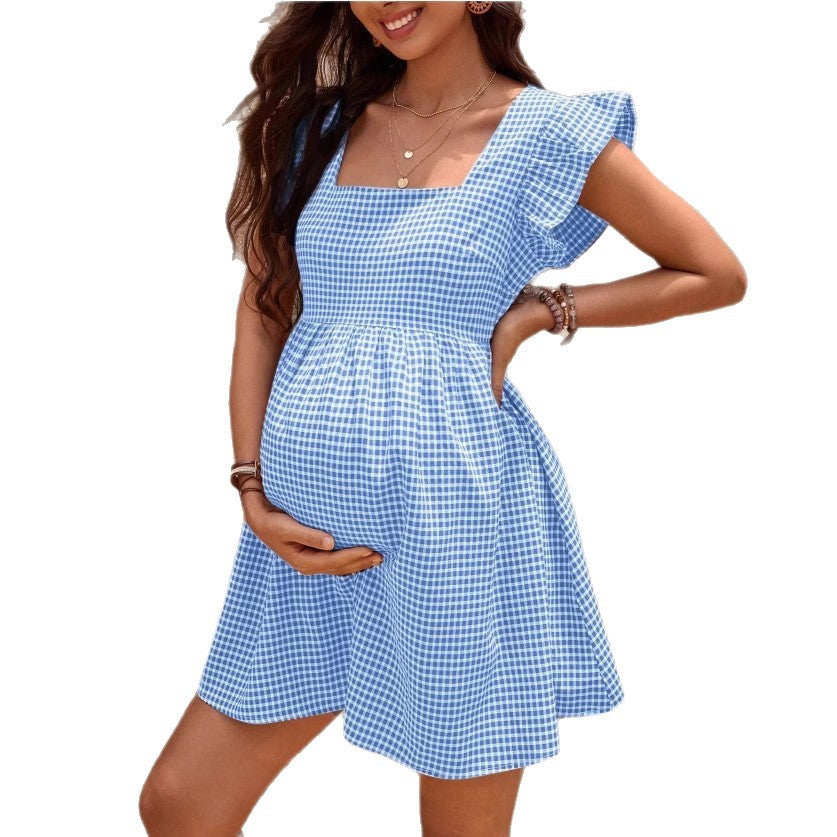 Plaid Square Neck Maternity Dress