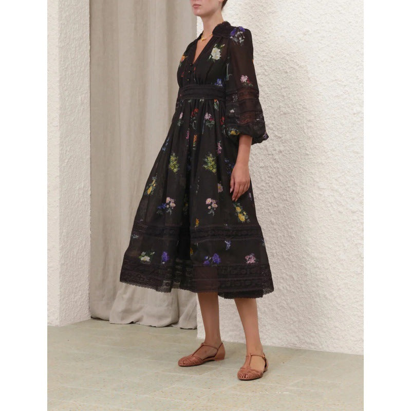 Elegant Black Print Lace Spliced Swing Dress