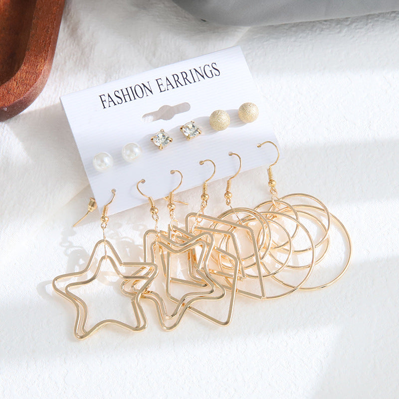 Five Pointed Star Circle Alloy Earrings with Pearl and Diamond Studs - 6 Pairs