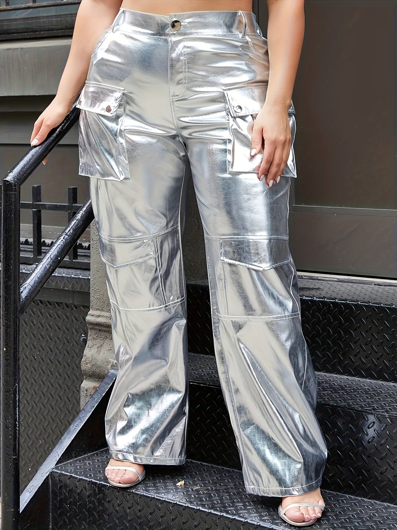 Hot silver, straight, wide-legged overalls, plus-size women's leather pants
